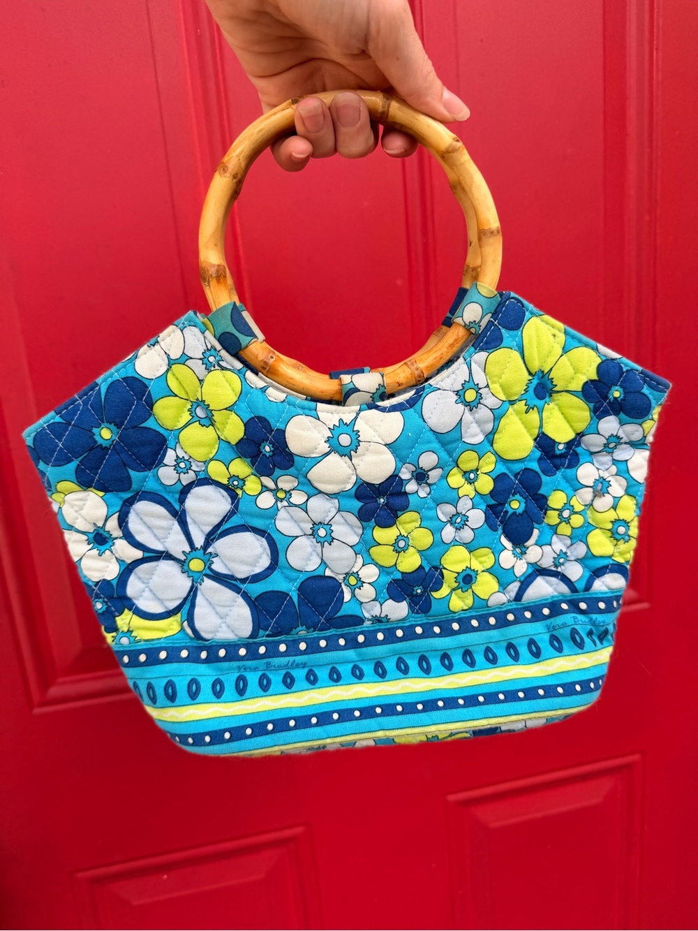 Vera Bradley Blue Floral Quilted Tote with Bamboo Handles